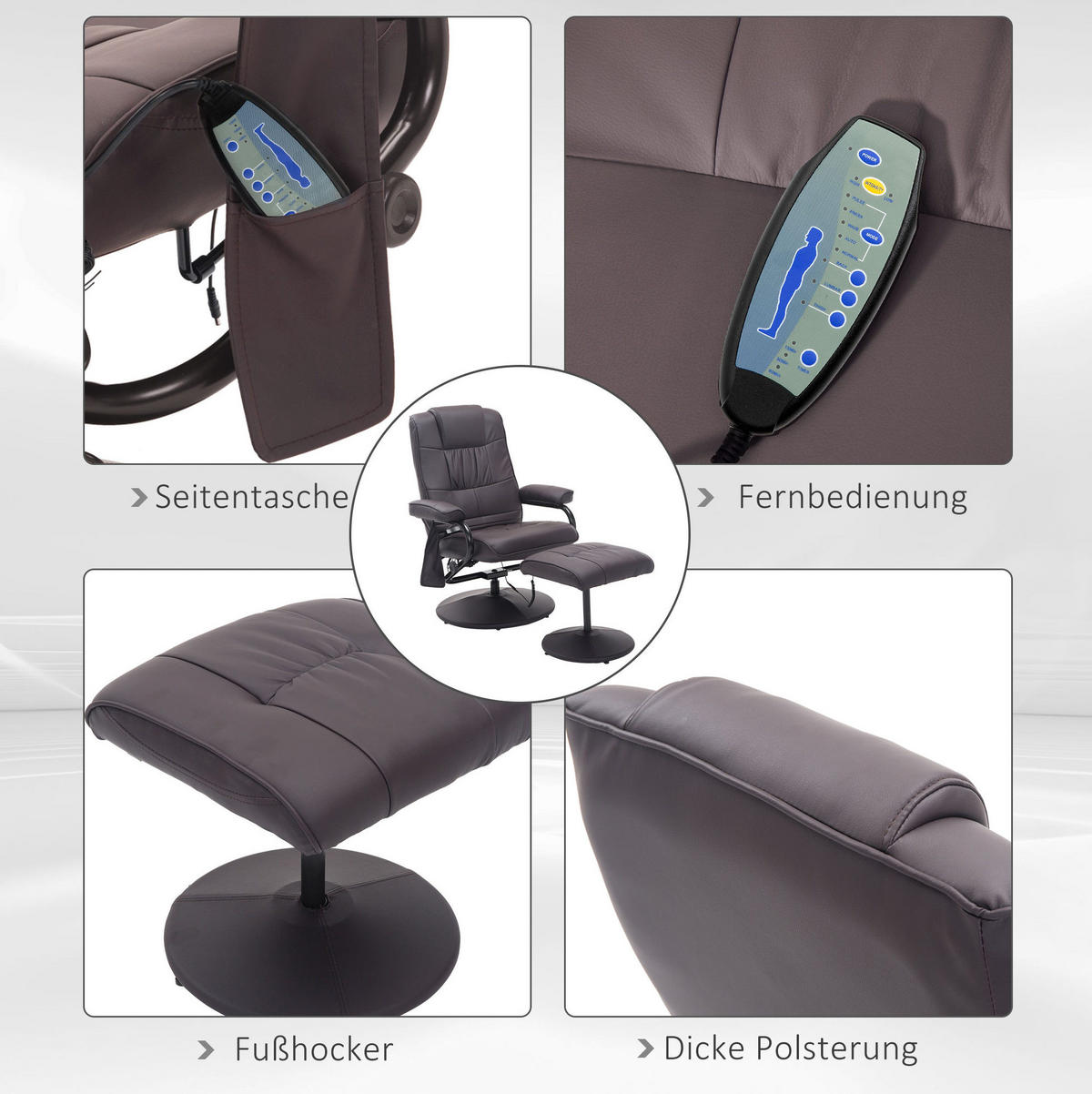 MASSAGESESSEL mit Hocker Kunstlederbezug 360° drehbar, Liegefunktion 84/77/95 cm Braun - Braun, Metall (77/95/84cm) - Redom