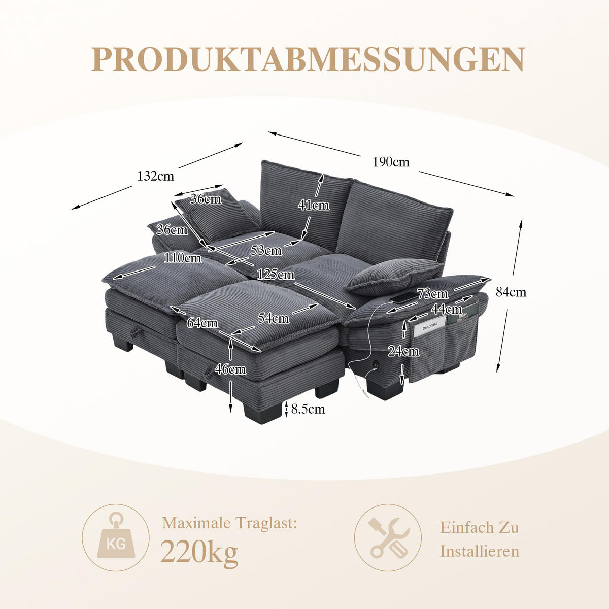 2-SITZER SOFA Cord Dunkelgrau mit 2 Hocker, USB-C und Seitentaschen - Dunkelgrau, Holzwerkstoff/Kunststoff (190/84/132cm) - WISHDOR
