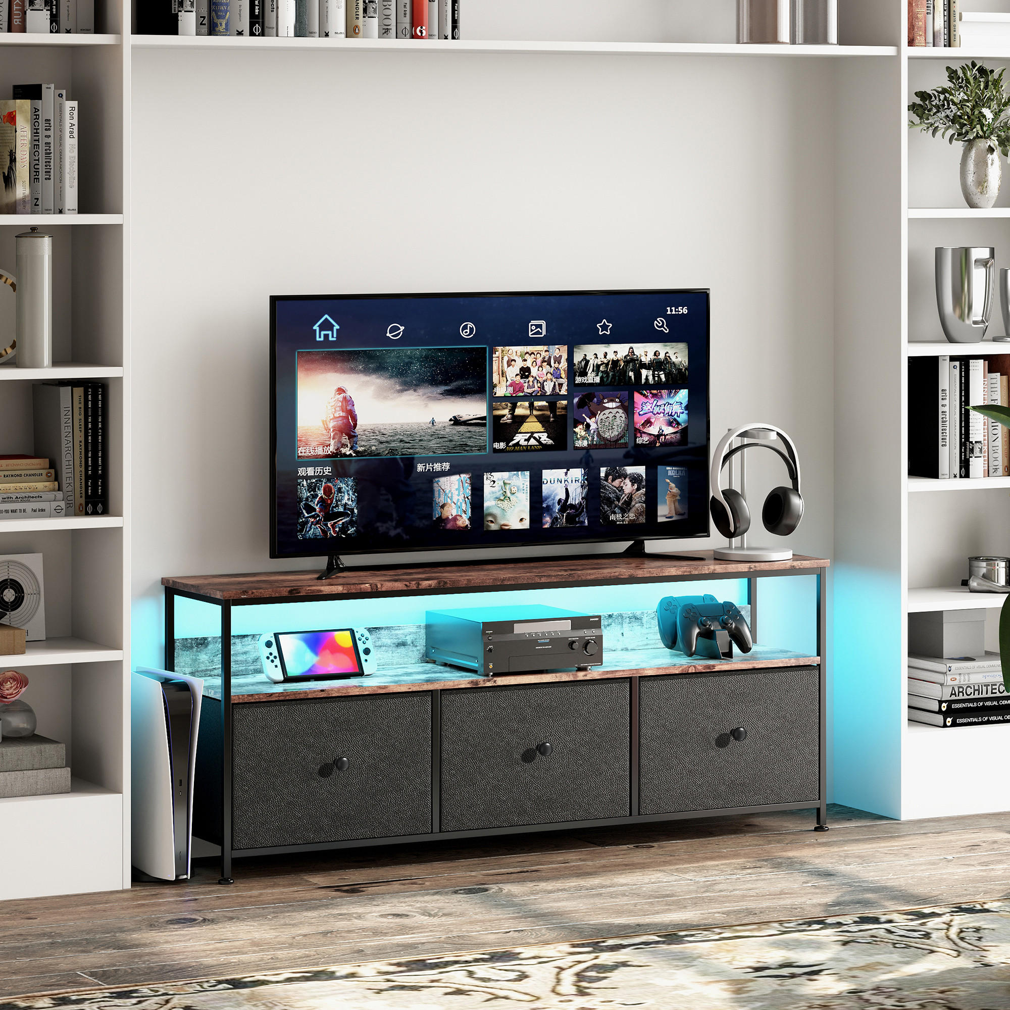 TV-SCHRANK, TV Board mit LED, 108 cm, Fernsehtisch mit 3 Stoffschublade - Bernsteinfarben, Holz (30/57/108cm)