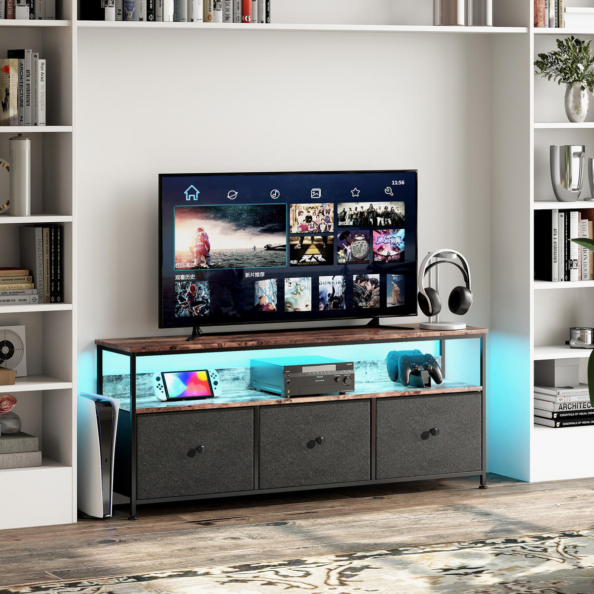 TV-SCHRANK, TV Board mit LED, 137 cm, Fernsehtisch mit 3 Stoffschublade - Bernsteinfarben, Holz (30/57/137cm)