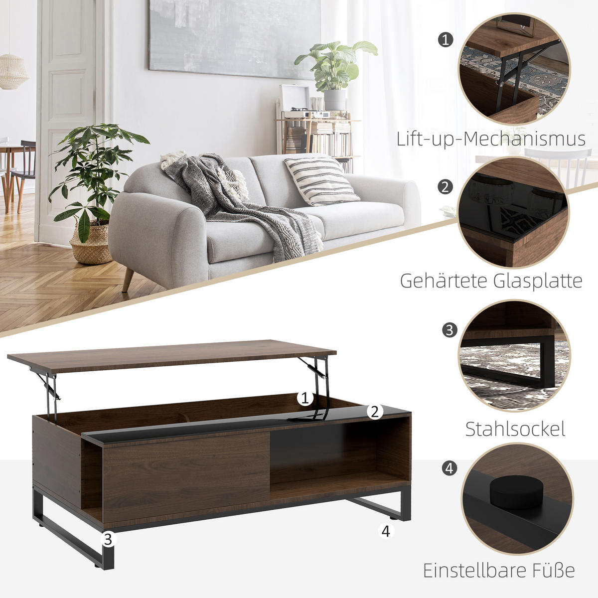 COUCHTISCH Höhenverstellbar, Spanplatte - Walnussfarben, Kunststoff (102/58/35.5cm) - HOMCOM