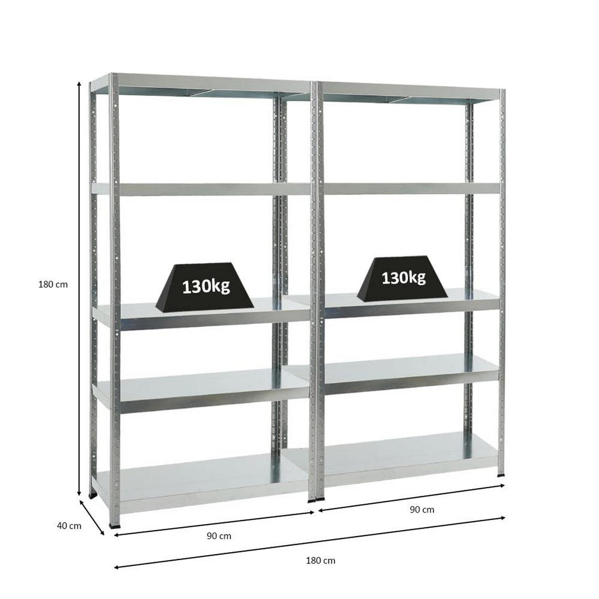 SCHWERLASTREGAL Steel Eagle 2er-Set mit 2x 180x90x40 cm Fachlast 130 kg Verzinkt - Silberfarben, Metall (180/180/40cm) - PROREGAL
