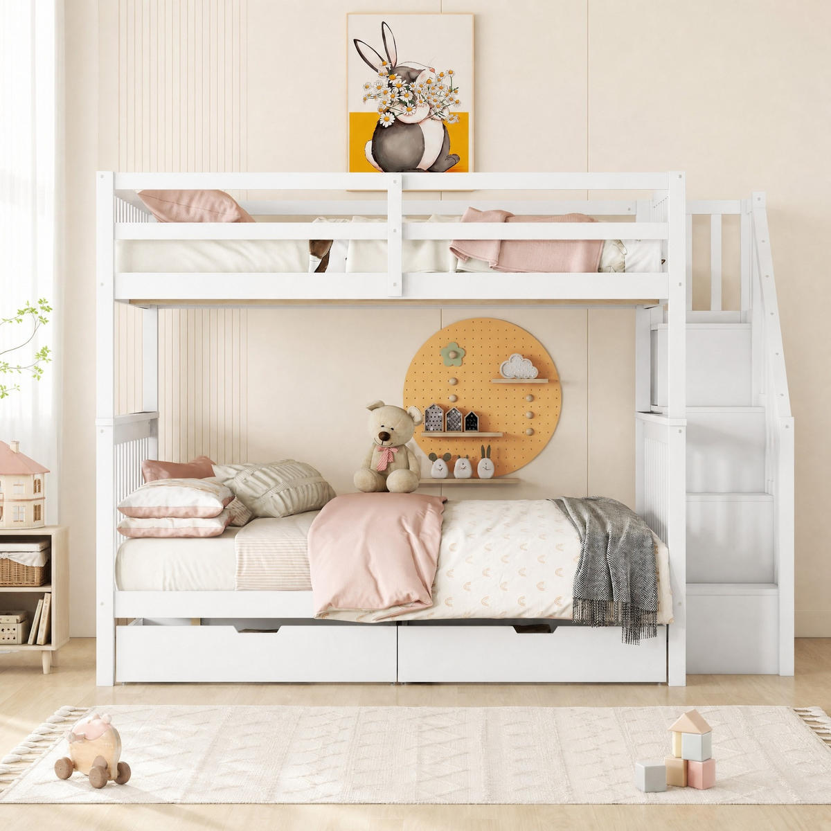ETAGENBETT 140/200 cm aus Kiefernholz mit Treppenregal, Weiß - Weiß, Holz (140/200cm) - OKMYHOME