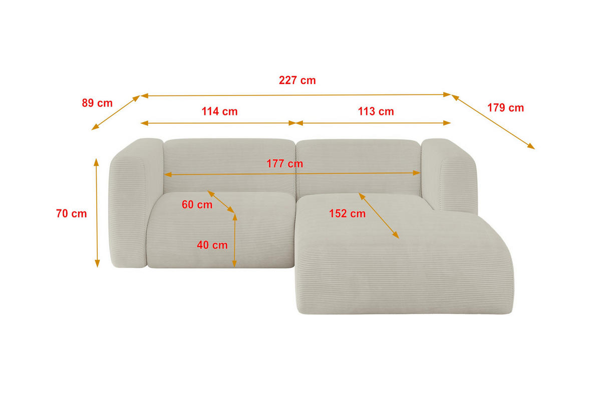 ECKSOFA Ottomane Rechts MIRA-L1 227x179x89 Creme Cord - Ecru/Creme, Holzwerkstoff/Kunststoff (227/179cm) - ALTDECOR