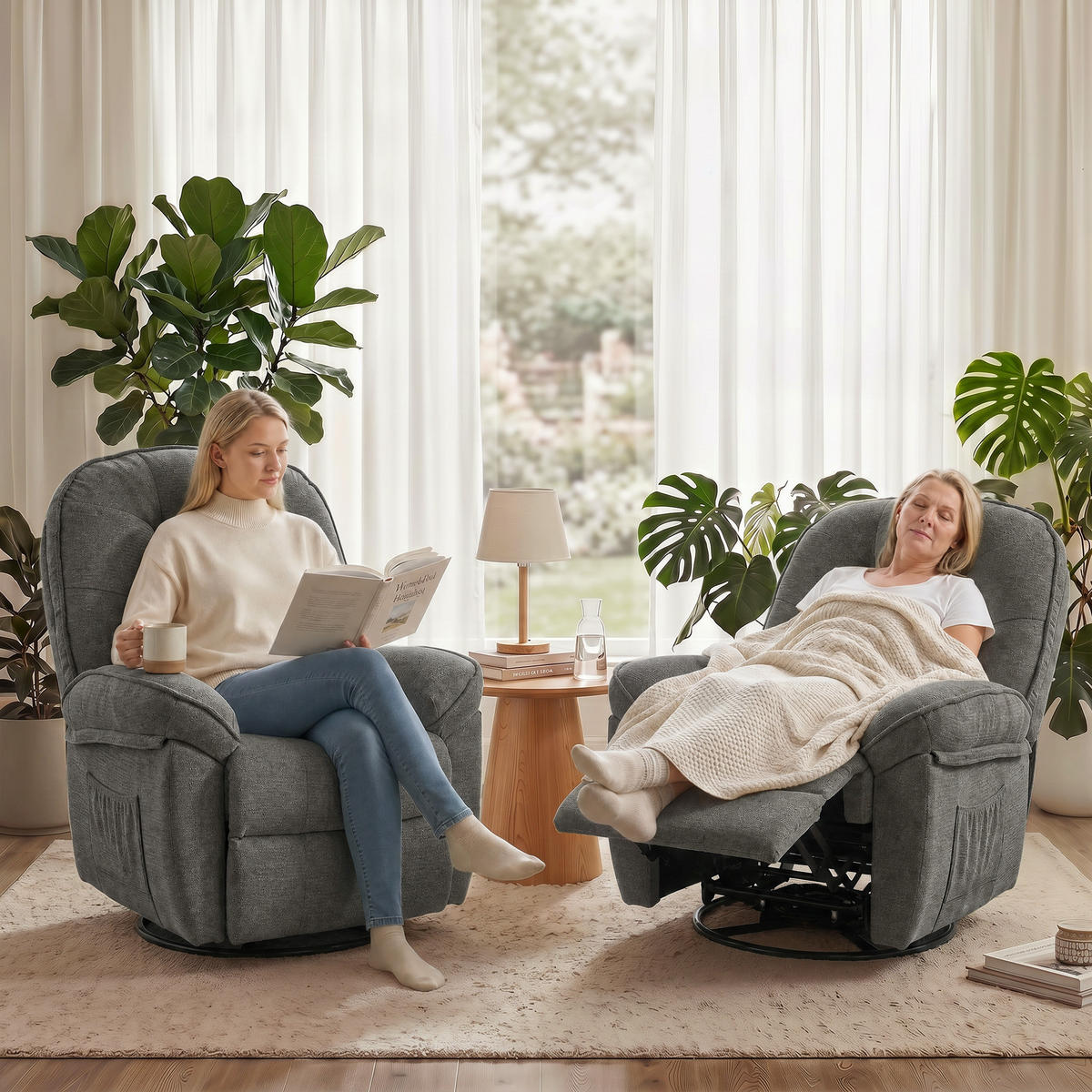 RELAXSESSEL Chenille (100% Polyester) Hellgrau - Creme/Hellgrau, Holzwerkstoff/Textil (94/104/95cm) - HOMCOM