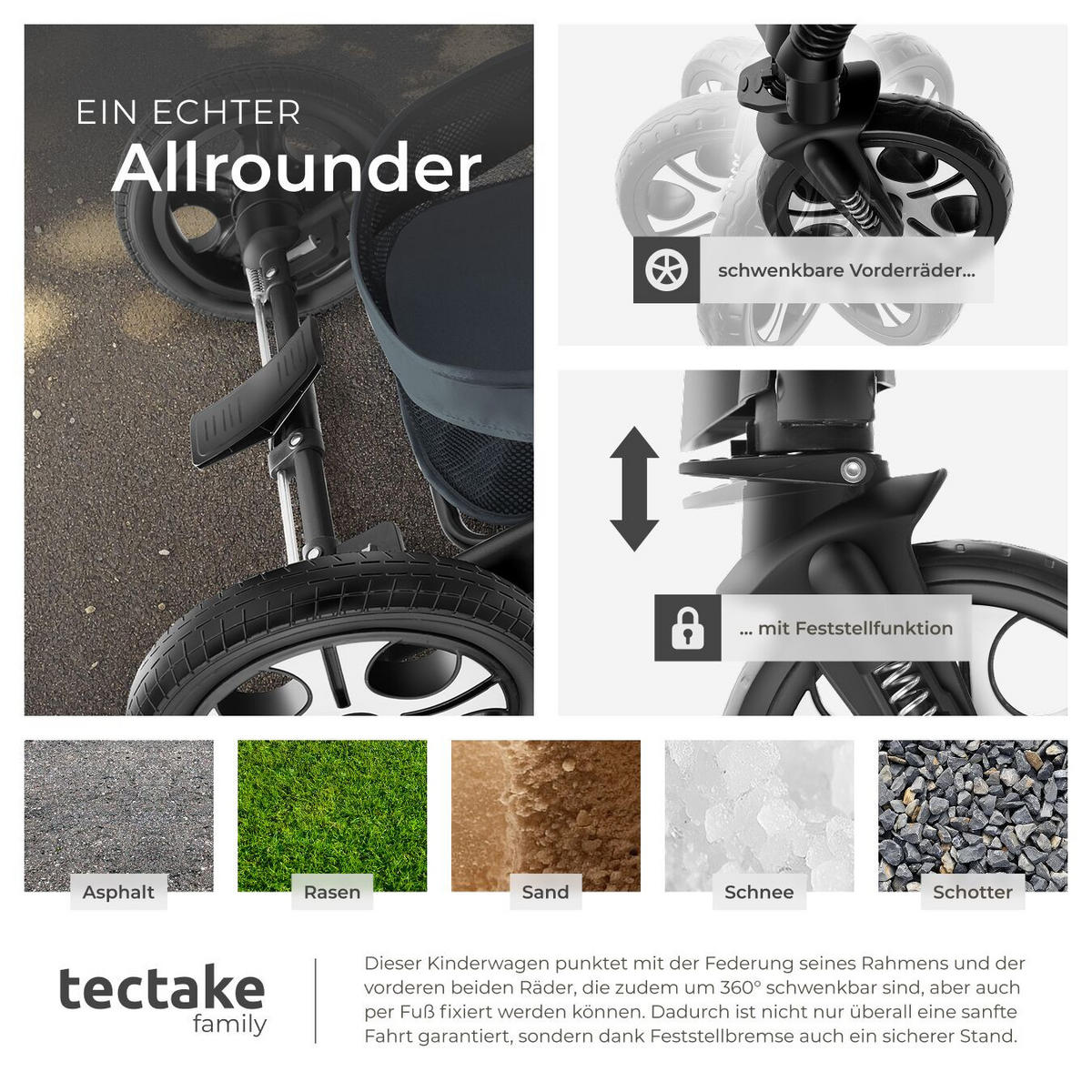 KOMBI-KINDERWAGEN Mats,für 0 bis 36 Monate geeignet, Belastbarkeit 15 kg,anthrazit - Anthrazit, Kunststoff (100/63/120cm) - tectake