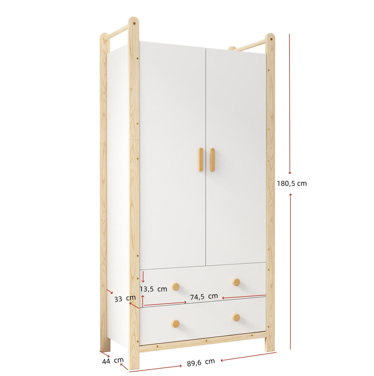 KLEIDERSCHRANK 2-türig 89,6/44/180,5 cm mit 2 Schubladen in Weiß/Kiefer - Weiß, Holzwerkstoff (89.6/180.5/44cm) - BEAOK