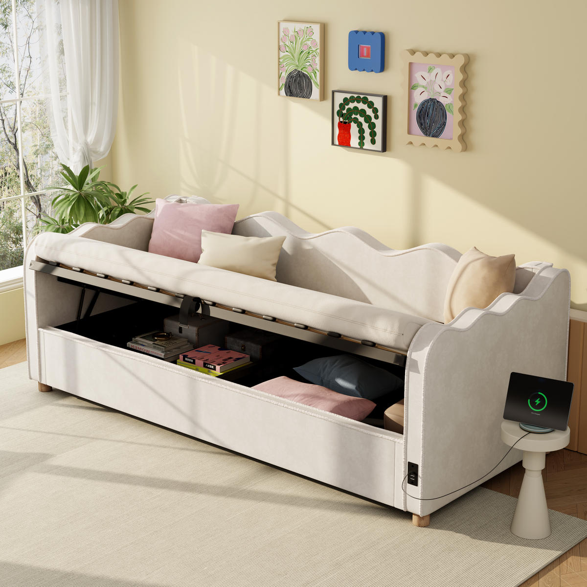 SCHLAFSOFA 90×200 Cm, USB-Anschlüssen & Type-C, Polster-Tagesbett,Samt, Beige - Beige, Holz (216/74.5/102.5cm) - FLIEKS