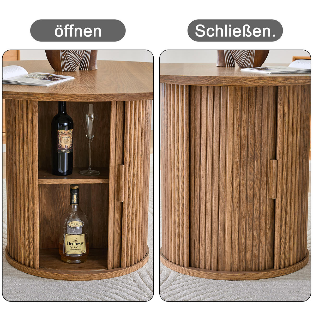 ESSTISCH aus Holzwerkstoff in Nussbaum-Optik, rund (Ø 120cm) mit Lamellen-Sockel und Stauraum - Walnussfarben, Holzwerkstoff (120/120/75.5cm) - Urban Meuble