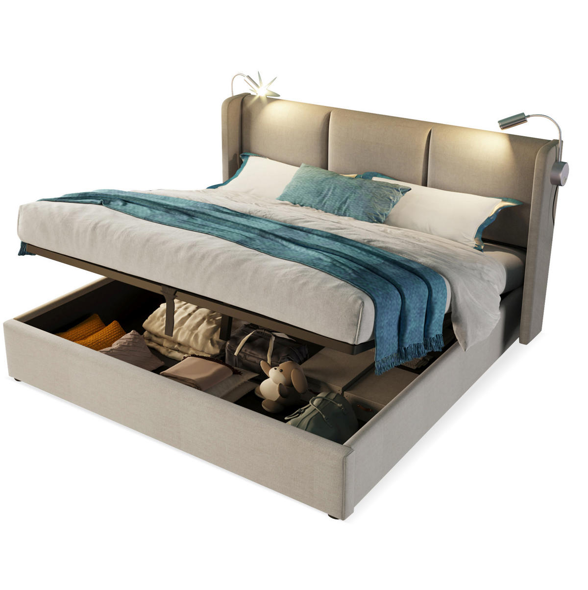 ČALOUNĚNÁ postel 140/200 cm béžová z lnu s úložným prostorem a čtecí lampičkou USB - béžová, textil (140/200cm) - OKWISH