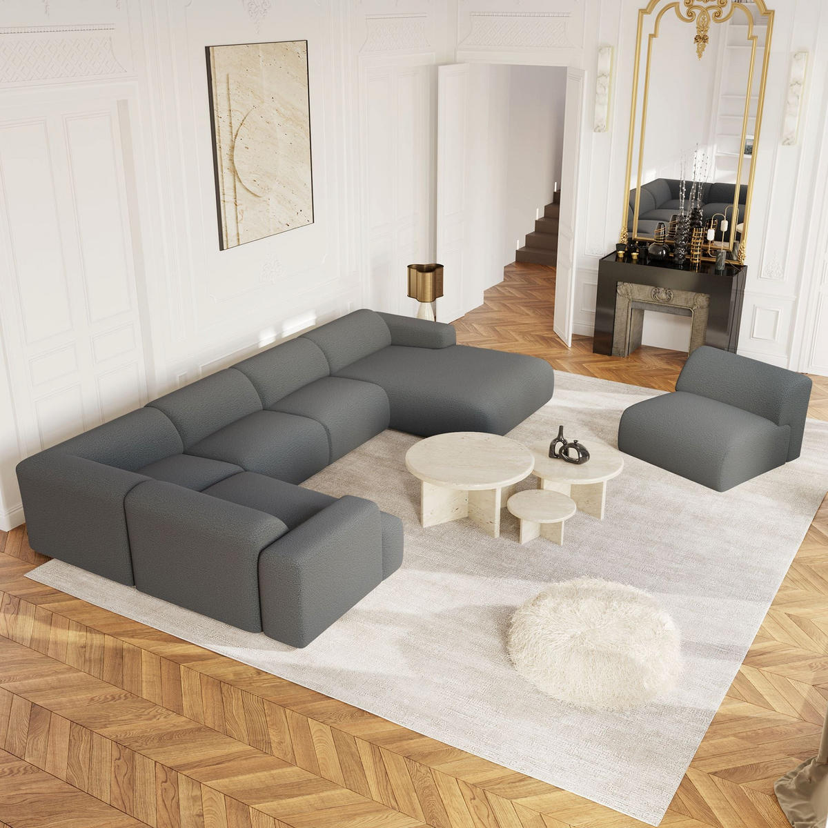 WOHNLANDSCHAFT Bouclé-Stoff Graphitgrau 354cm - Graphitfarben/Grau, Textil (354/73/164cm) - Sia Home