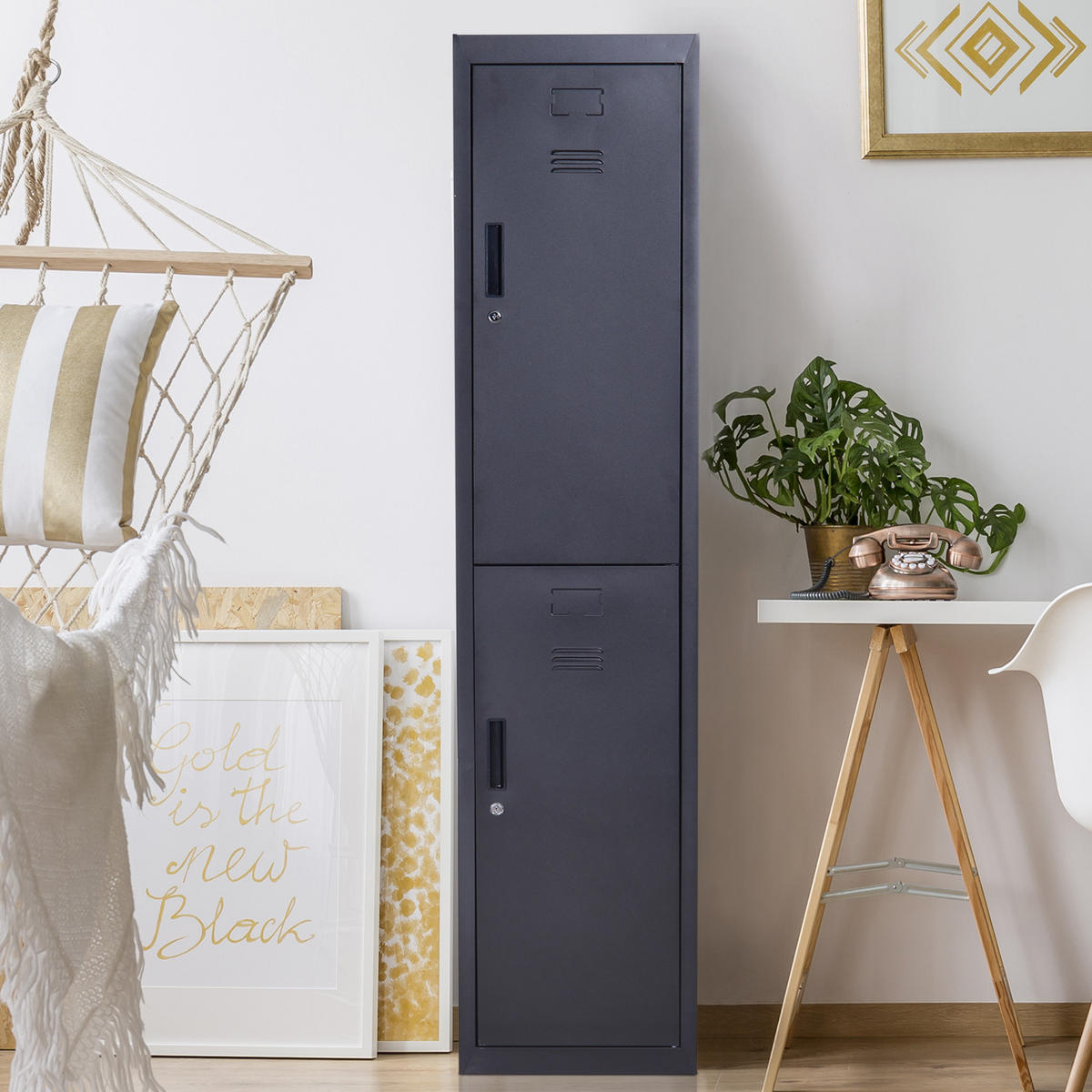 SPINDSCHRANK DE-16731 4 Ebenen mit 2 abschließbaren Türen Schwarz - Grau, Metall (38/180/46cm) - ComfortXL