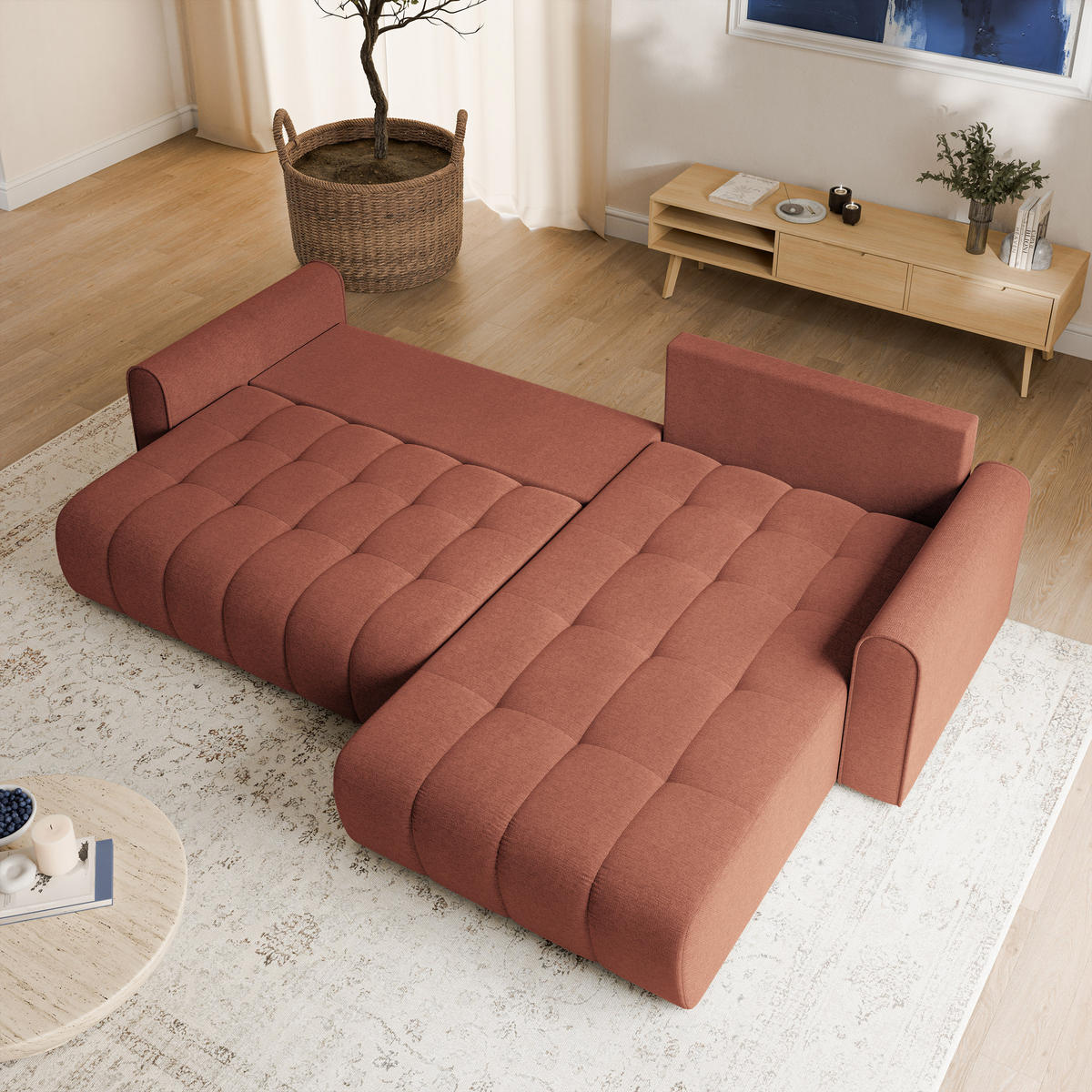 ECKSOFA FRIGA Orange Strukturstoff mit Schlaffunktion - Terracotta, Holz (283/185cm) - MASSENO
