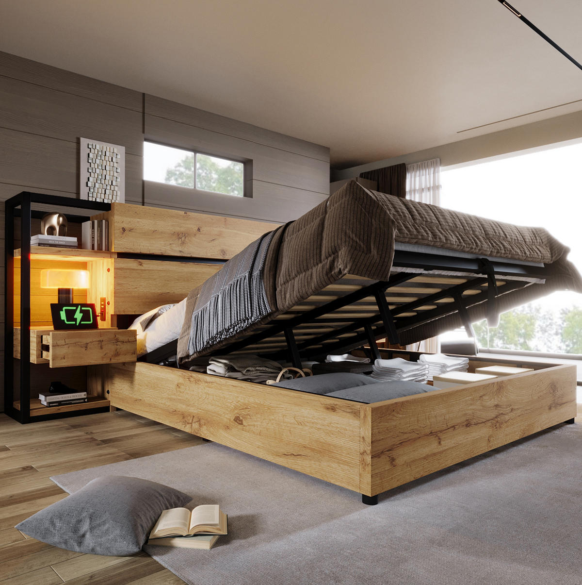 BETT 160/200 cm mit Bettkasten, Kopfteil mit Schubladen & USB/Type‑C, Eiche/Schwarz - Eichefarben, Holzwerkstoff (160/200cm) - Redom