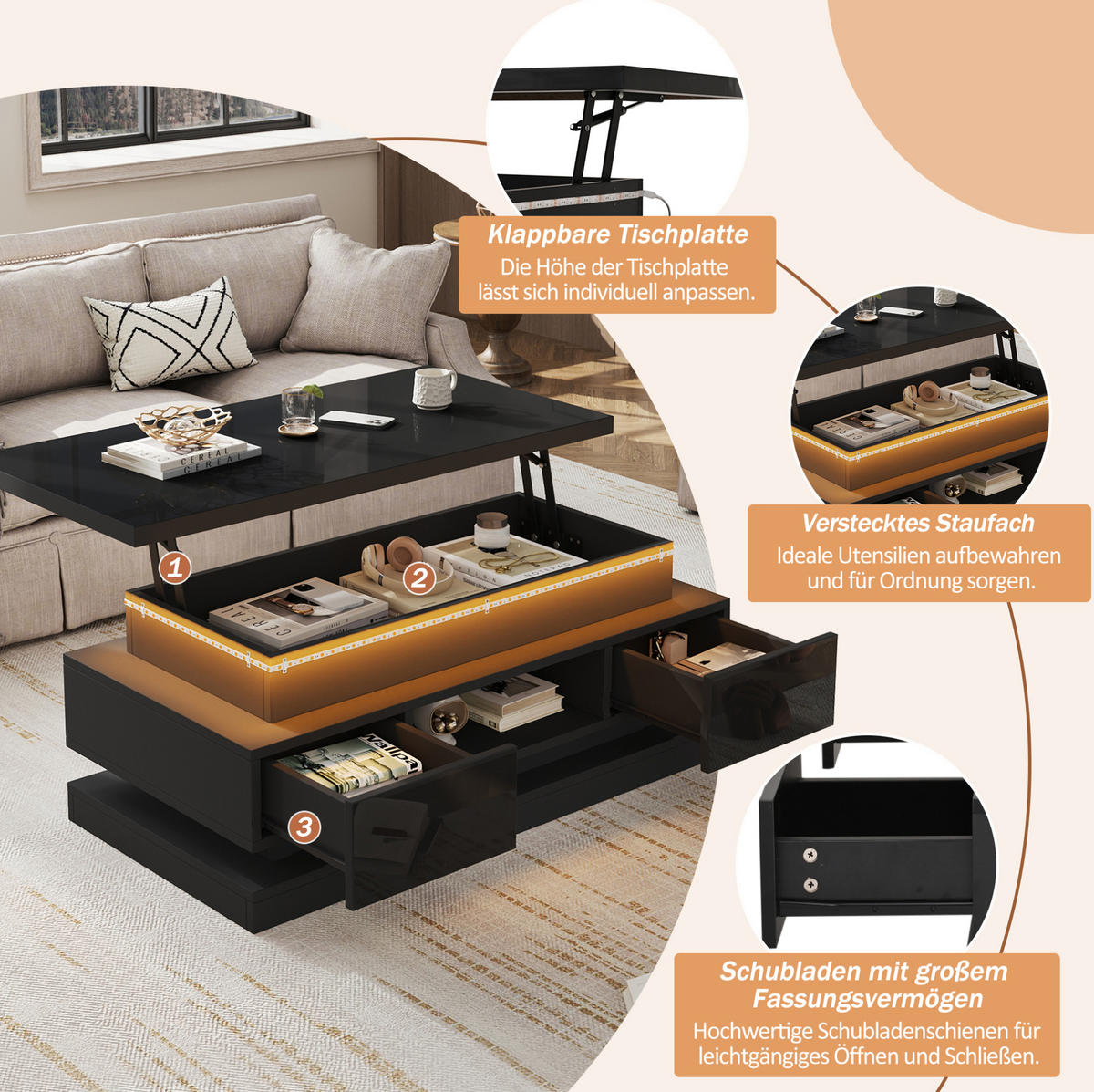COUCHTISCH 100/50/40 cm höhenverstellbar mit LED-Beleuchtung, USB-Anschluss und 2 Schubladen, Schwarz - Schwarz, Holzwerkstoff (100/50/40cm) - Redom
