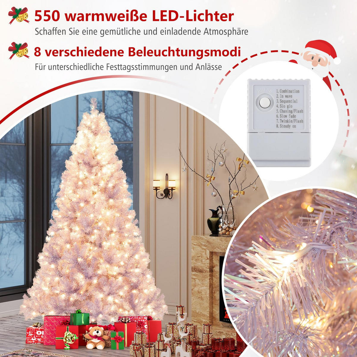 WEIHNACHTSBAUM Tannenform mit warmweißen LEDs 225 cm lavendelviolett - Lila, Metall (225cm) - COSTWAY