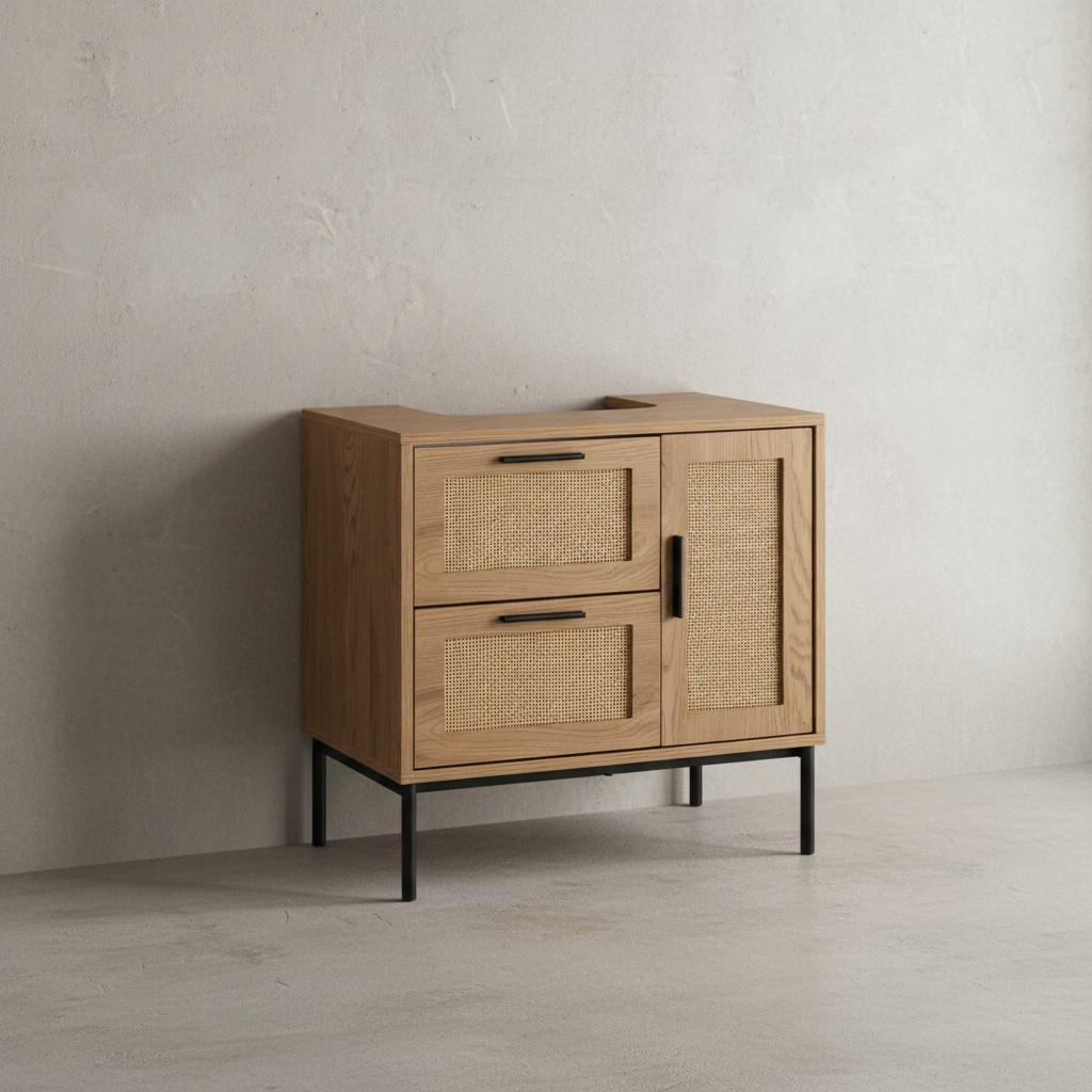 WASCHBECKENUNTERSCHRANK Eiche-Optik 60x60x40 cm mit Tür, Schubladen und Rattangeflecht - Schwarz/Braun, Holzwerkstoff/Metall (60/60/40cm) - KADIMA DESIGN
