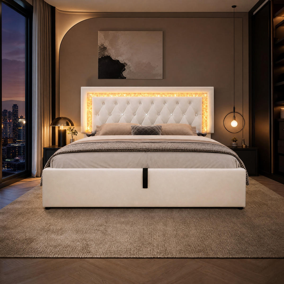 POLSTERBETT 140/200 mit LED, Bettkasten und USB & Type-C in Beige - Beige, Holzwerkstoff/Textil (140/200cm) - EVRYAE