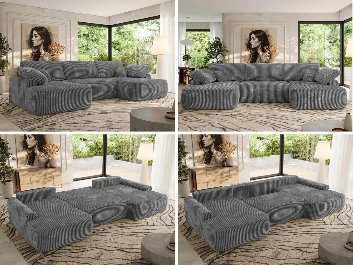 WOHNLANDSCHAFT CUBO U Dunkelgrau Cord - Dunkelgrau/Schwarz, Kunststoff/Textil (370/100/187cm) - MKS