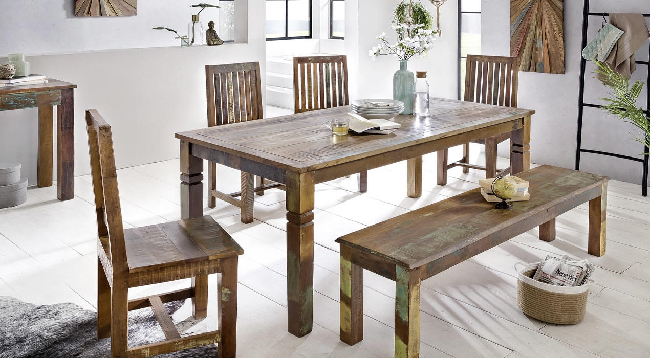 Esstisch mit Stühlen aus Mangoholz in dunklem Holz