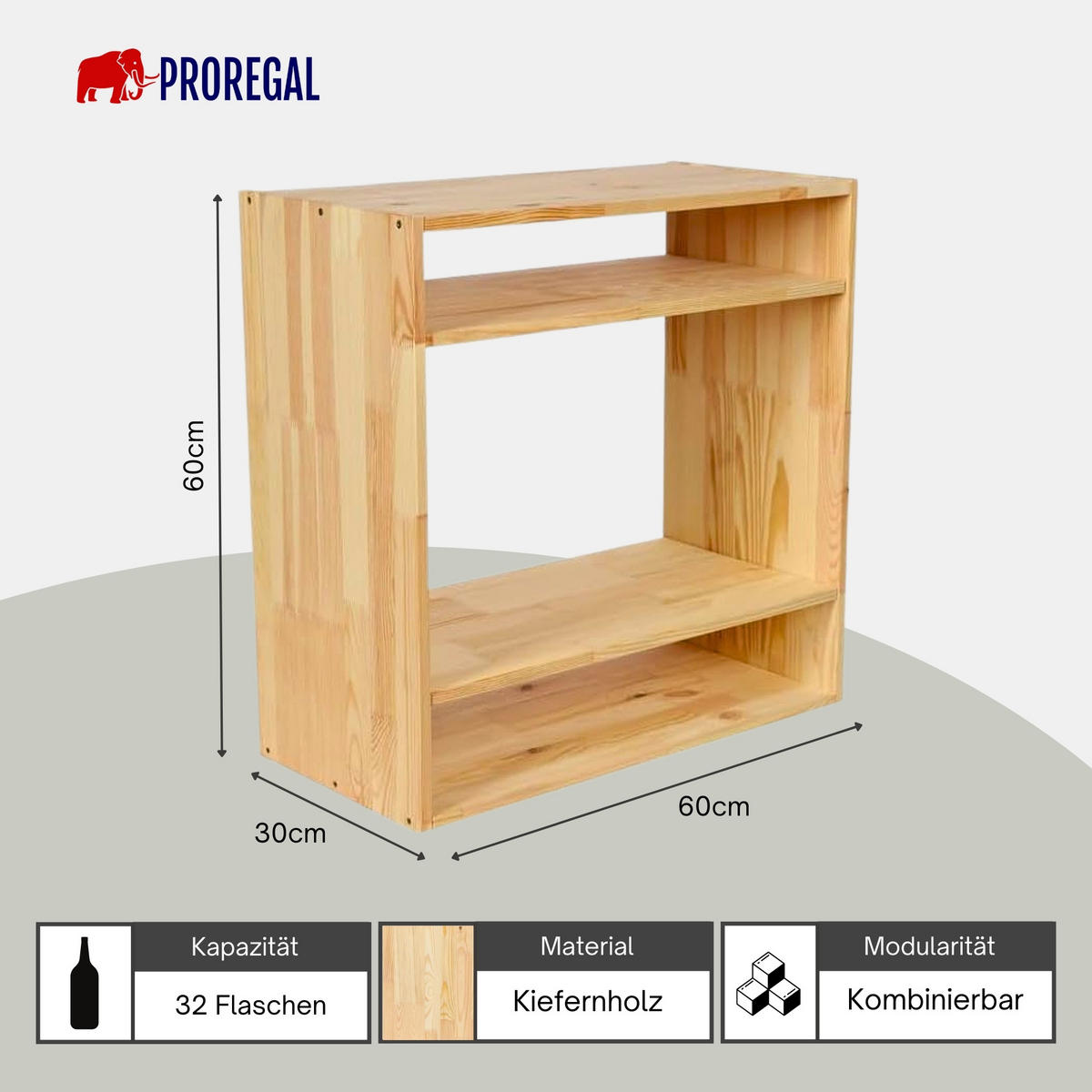 WEINREGAL Vincellar Mod 60x60x30 cm Standflaschen Modul Für 32 Flaschen Massives Kiefernholz Natur - Naturfarben, Holz (60/60/30cm) - PROREGAL