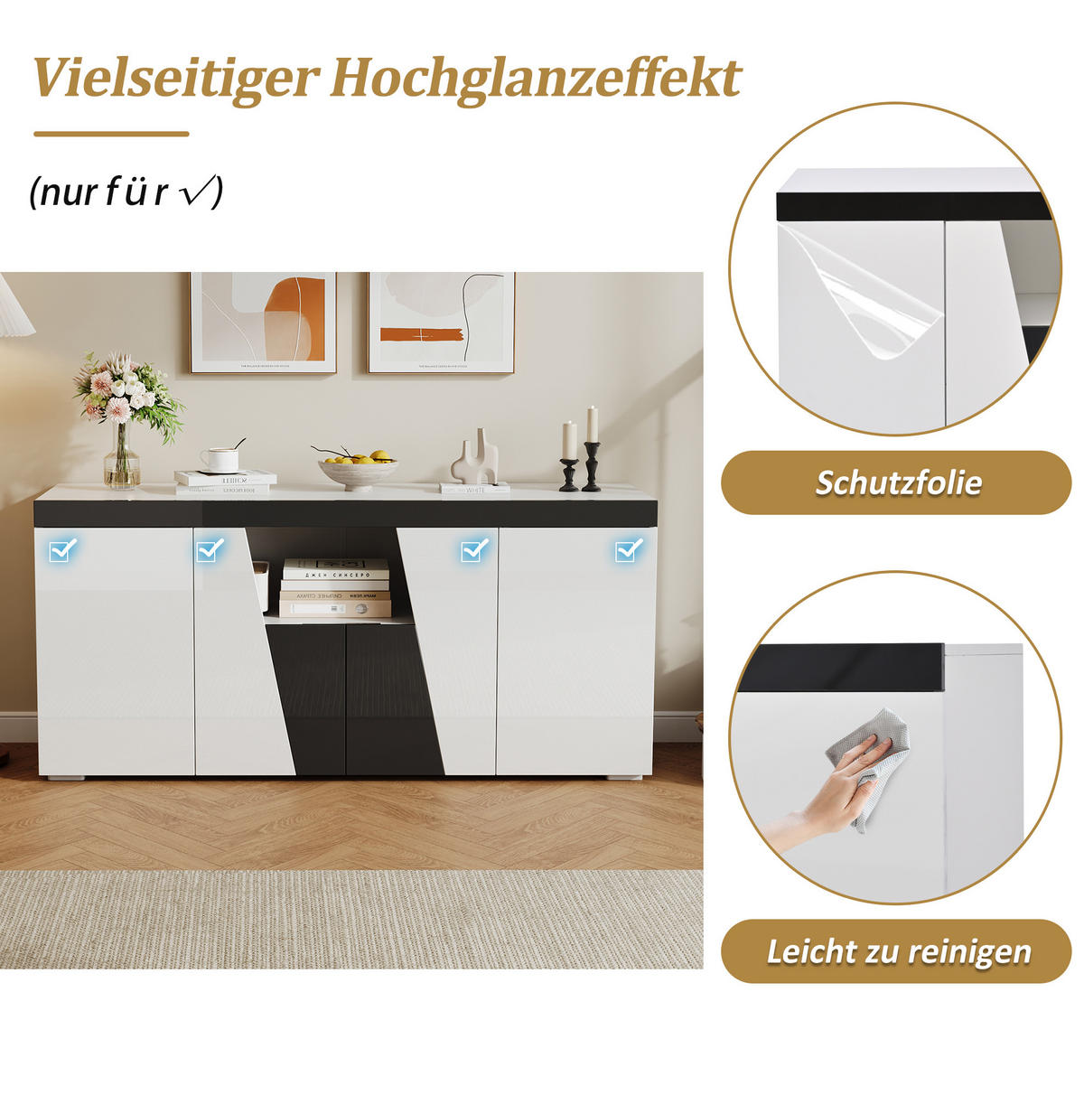SIDEBOARD aus Spanplatte 140x40x65 cm Weiß/Schwarz mit LED-Beleuchtung und 4 Türen - Weiß, Holzwerkstoff (140/65/40cm) - IVMEU