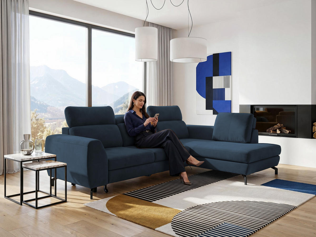 ECKSOFA ANTE Rechts, mit Schlaffunktion und Bettkasten, Marineblau - Dunkelblau, Textil/Metall (266/184cm) - Idohome