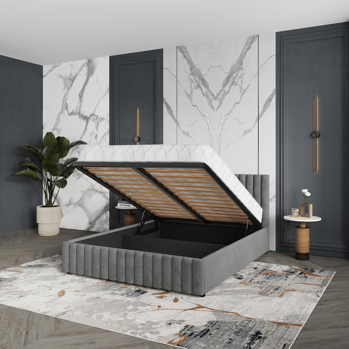 POLSTERBETT CARMIA 140x200 cm mit Bettkästen - Grau - Grau, Holz (140/200cm) - MASSENO