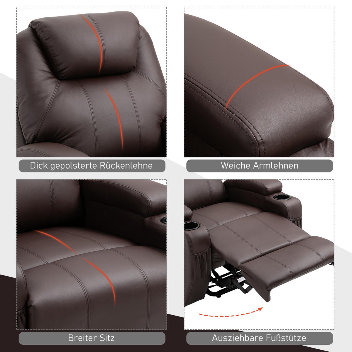 SESSEL mit Aufstehhilfe Aufstehsessel Fernsehsessel Kunstleder Kaffee-Braun - Schwarz/Braun, Leder/Kunststoff (92/109/85cm) - HOMCOM