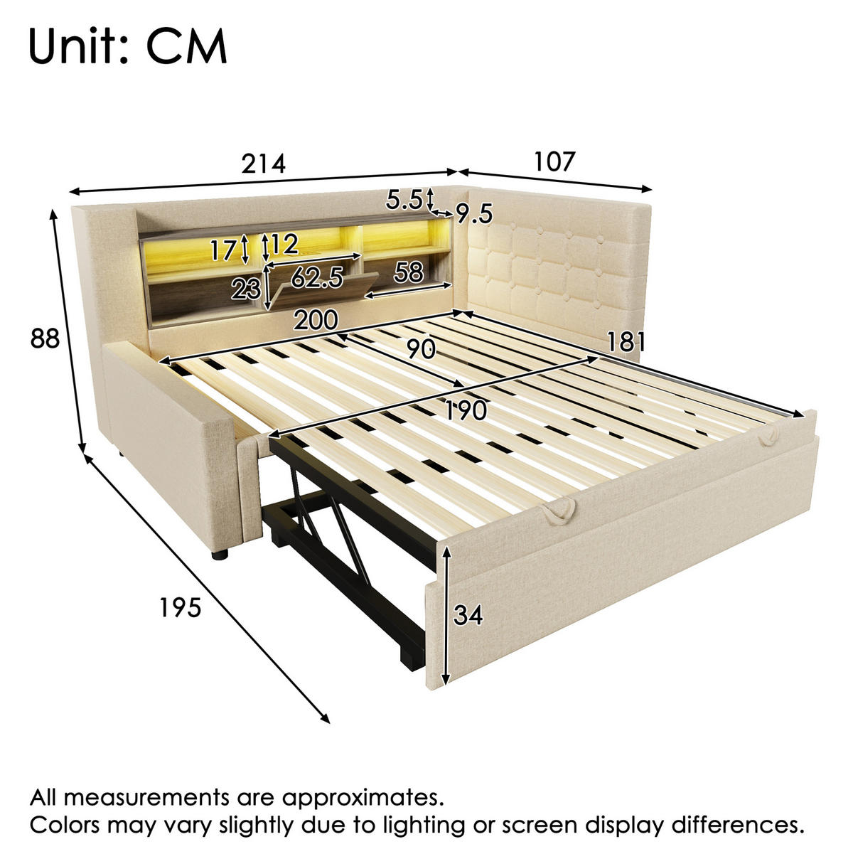 POLSTERBETT 90/200 cm Beige aus Leinen mit Ausziehbett und LED - Beige, Textil (90/200cm) - OKWISH