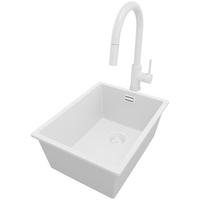 UNTERBAUSPÜLE GRANIT London, 2-er set Alles Weiß 36/47 cm 1 Becken + Küchenarmatur 40/20 cm + Ablauf-Set ab 40er Unterschrank - Weiß, Kunststoff (36/20/47cm) - Primagran