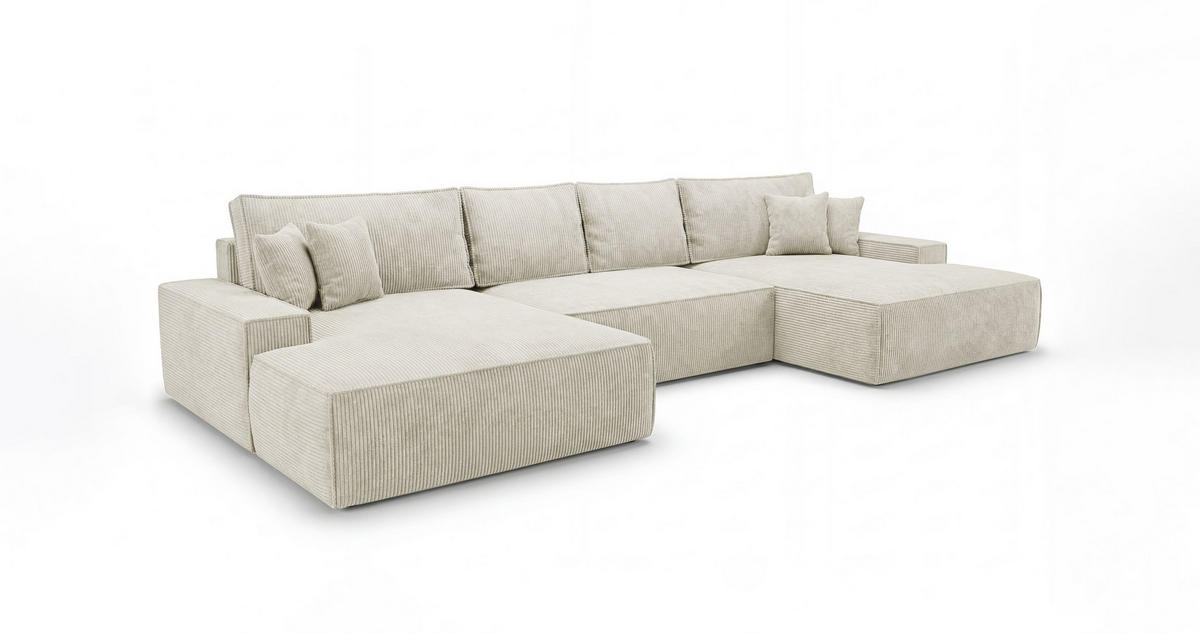WOHNLANDSCHAFT VERONA U-Form weiß Cord Poso 100 - Schlaffunktion, Bettkasten - Weiß, Textil (385/86/185cm) - Cornero
