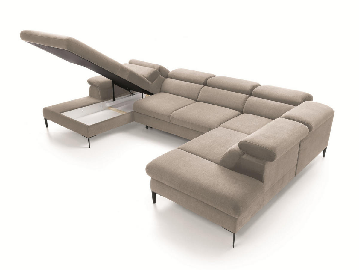 WOHNLANDSCHAFT MESTO Beige Velours-Stoff mit Schlaffunktion - Beige, Holz (353/94/182cm) - MASSENO