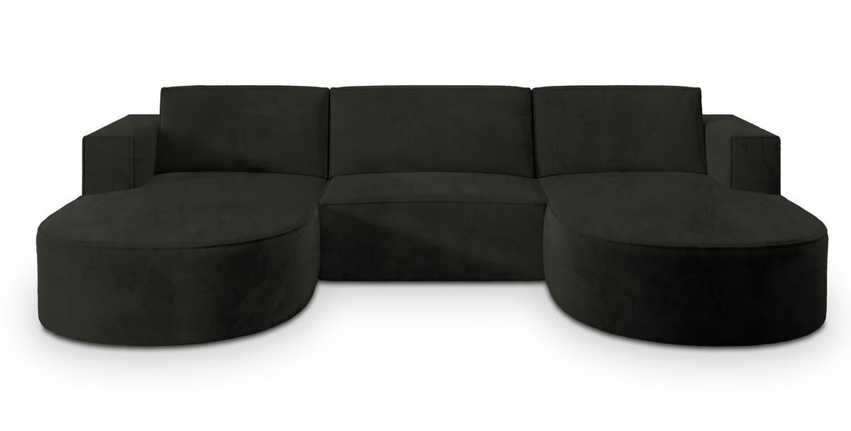 WOHNLANDSCHAFT VEZZO M Schwarz Velours-Stoff mit Schlaffunktion - Schwarz, Holz (347/85/174cm) - MASSENO