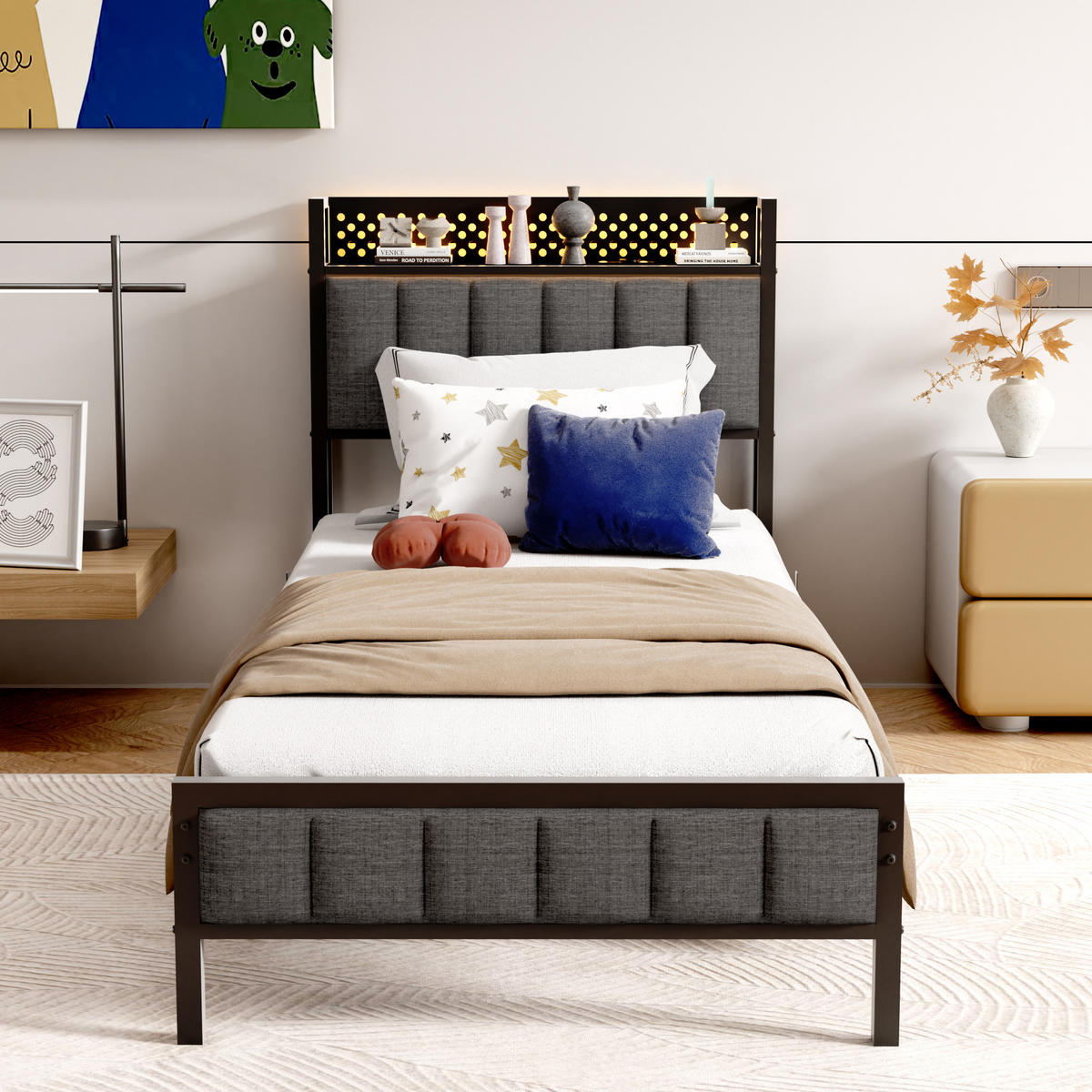 METALLBETT 90/200 cm Schwarz mit Stauraum-Kopfteil mit USB-Anschlüssen - Schwarz, Metall (90/200cm) - OKWISH