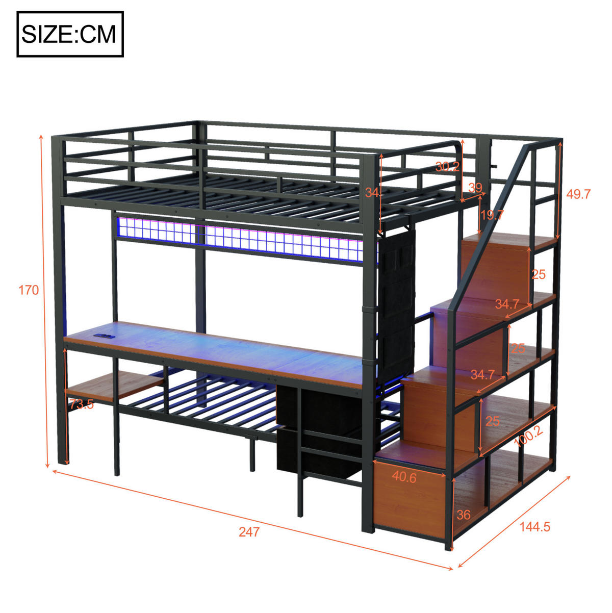HOCHBETT aus Metall und Holz 140x200/90x200 cm Schwarz mit Schreibtisch, LED, Steckdosen und Stoffschubladen - Schwarz, Metall (90/200cm) - Modfu