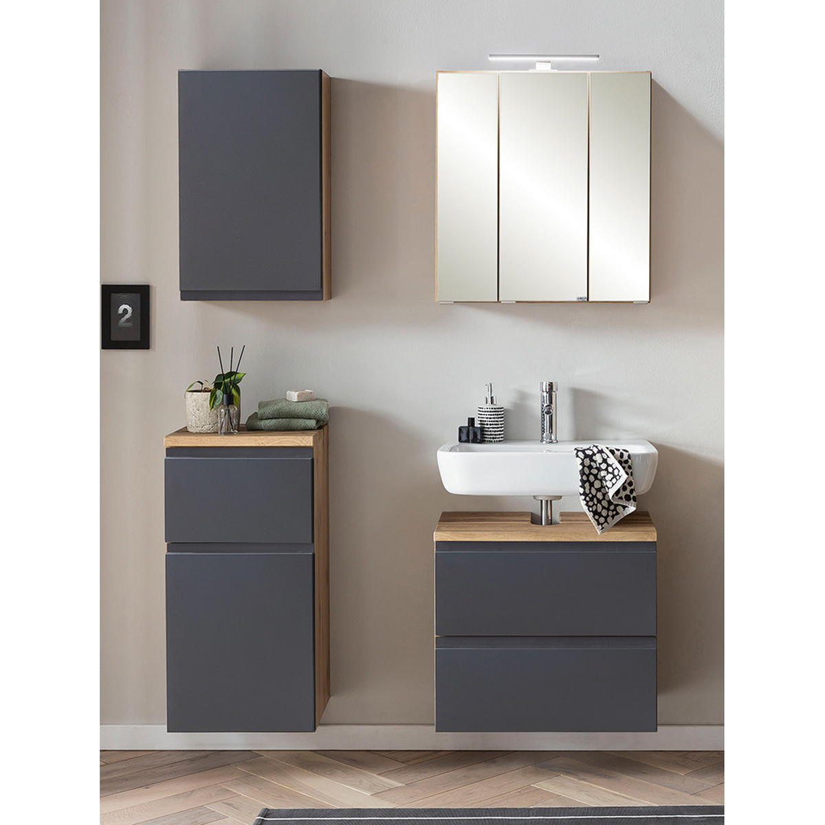 BADMÖBEL-SET 4-TLG. Vasto-03 - Grau, Holzwerkstoff (115/200/35cm) - Lomado