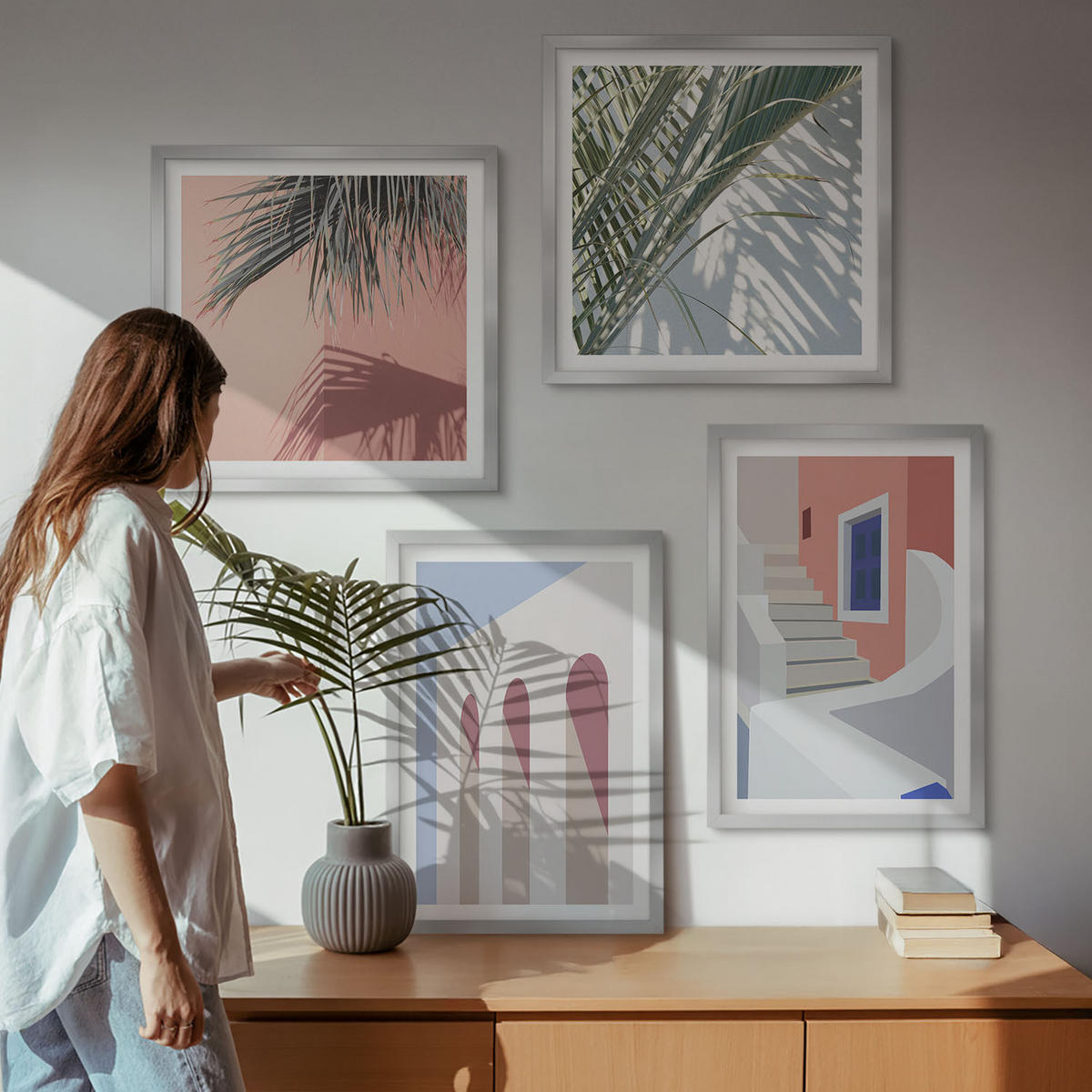 BILDER SET 4er Set - 50x50 cm & 40x60 cm Silberner Rahmen - Illustrationen der Stadtarchitektur - Silberfarben, Kunststoff (50/50cm) - TULUP