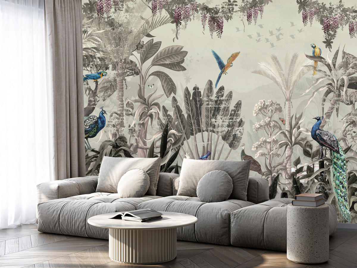 FOTOTAPETE für Wohnzimmer Vintage Tropenwald Palmen Papageien 300x210 - Beige/Grün, Papier (300/210cm) - Muralo