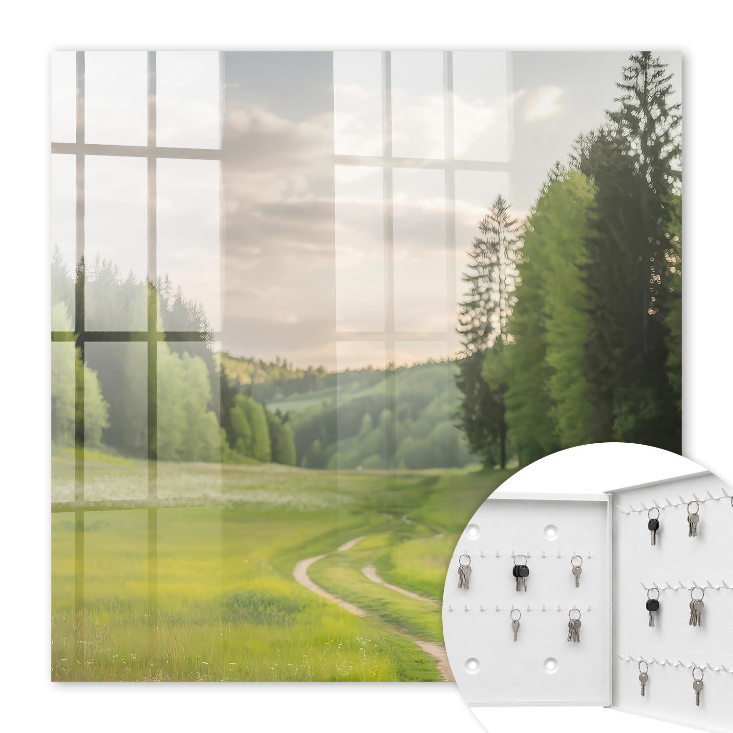 SCHLÜSSELBOX Weiß 30x30 cm – Türöffnung nach rechts - Idyllische Landschaft - Grün, Metall (30/30/5cm) - TULUP