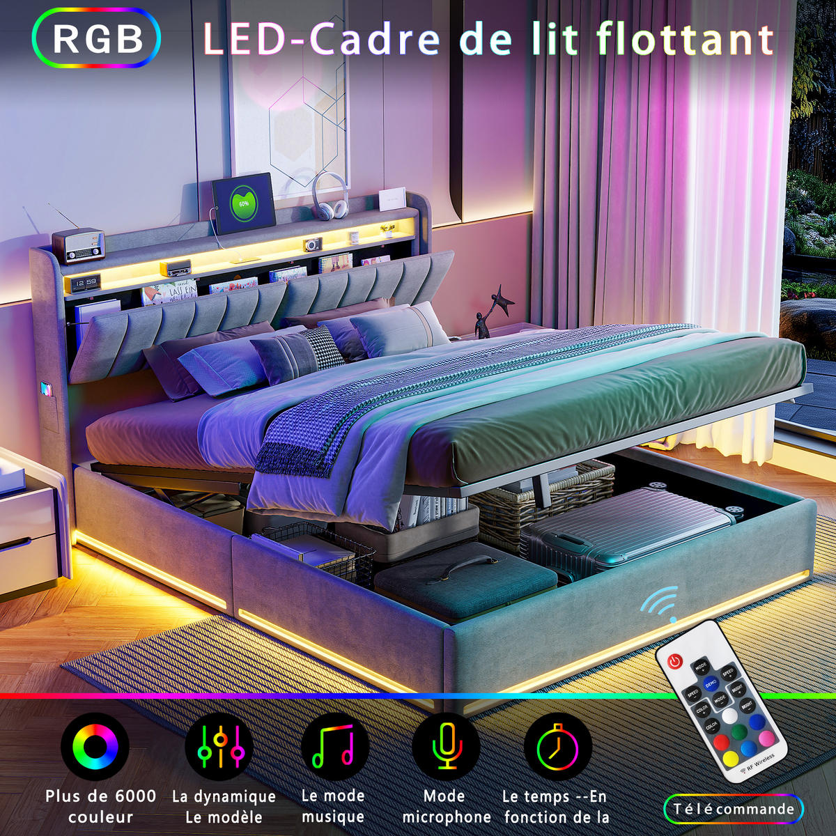 POLSTERBETT 140x200 Grau Samt LED USB - Grau, Holzwerkstoff (140/200cm) - SHOPENTRA