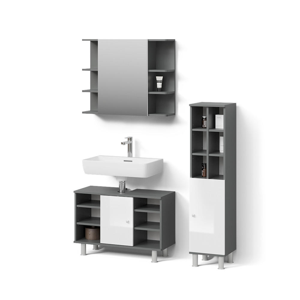 BADMÖBEL-SET Fucino Anthrazit 3 Teile, mit Midischrank Tür groß - Anthrazit/Weiß, Holzwerkstoff (80/54/32cm) - Livinity®