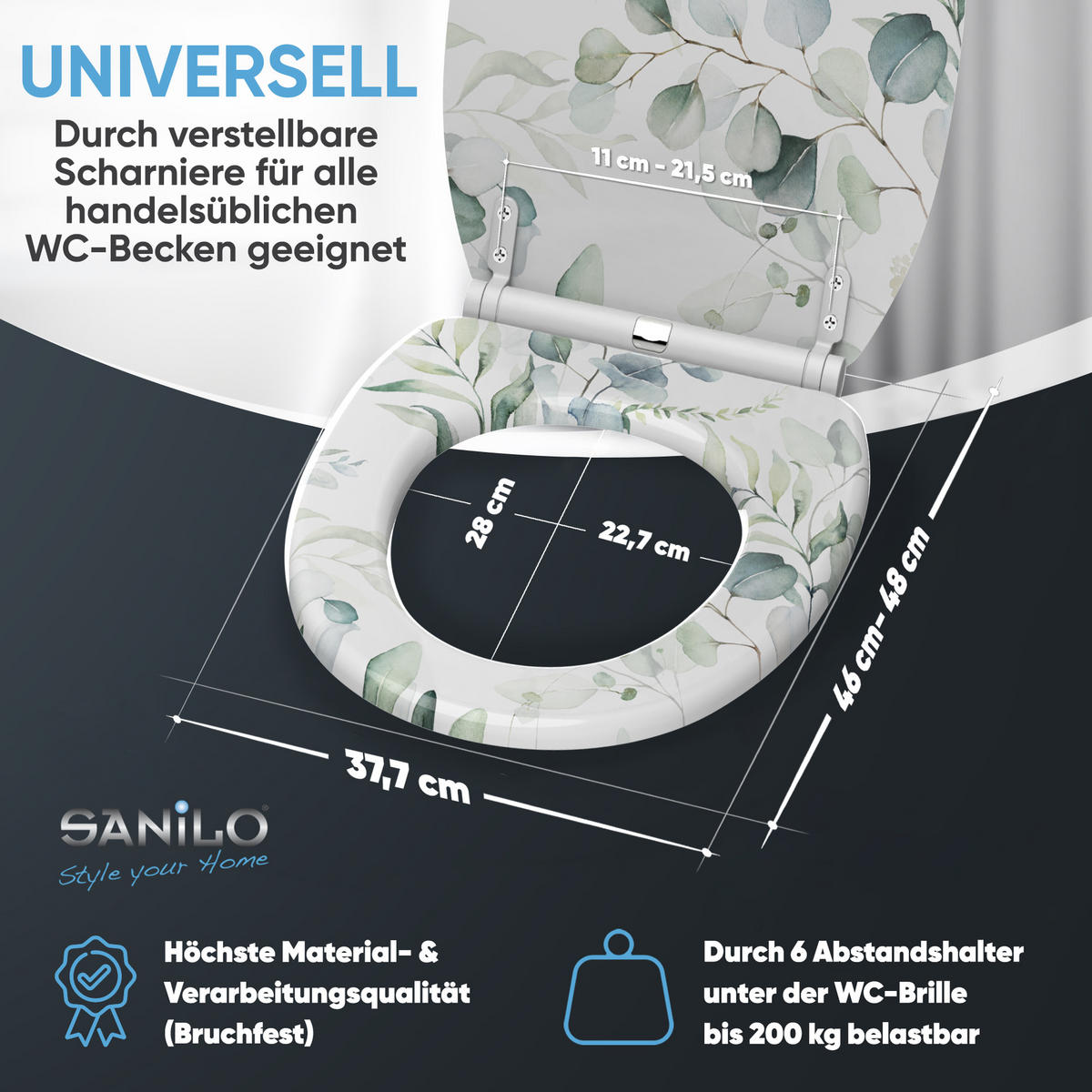WC-SITZ mit Absenkautomatik & Top Fix Eukalyptus - Weiß, Holzwerkstoff (37.7/5.5/48cm) - Sanilo