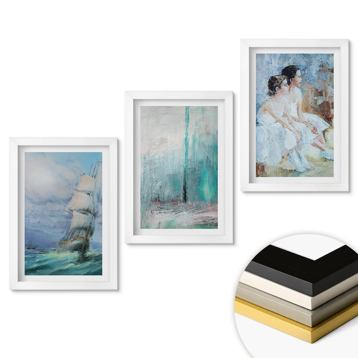 WANDBILDER 3er-Set - 20x30 cm Weißer Rahmen - Abstrakte Tänzerin auf dem Schiffsmeer - Weiß, Kunststoff (20/30cm) - ArtPrintCave