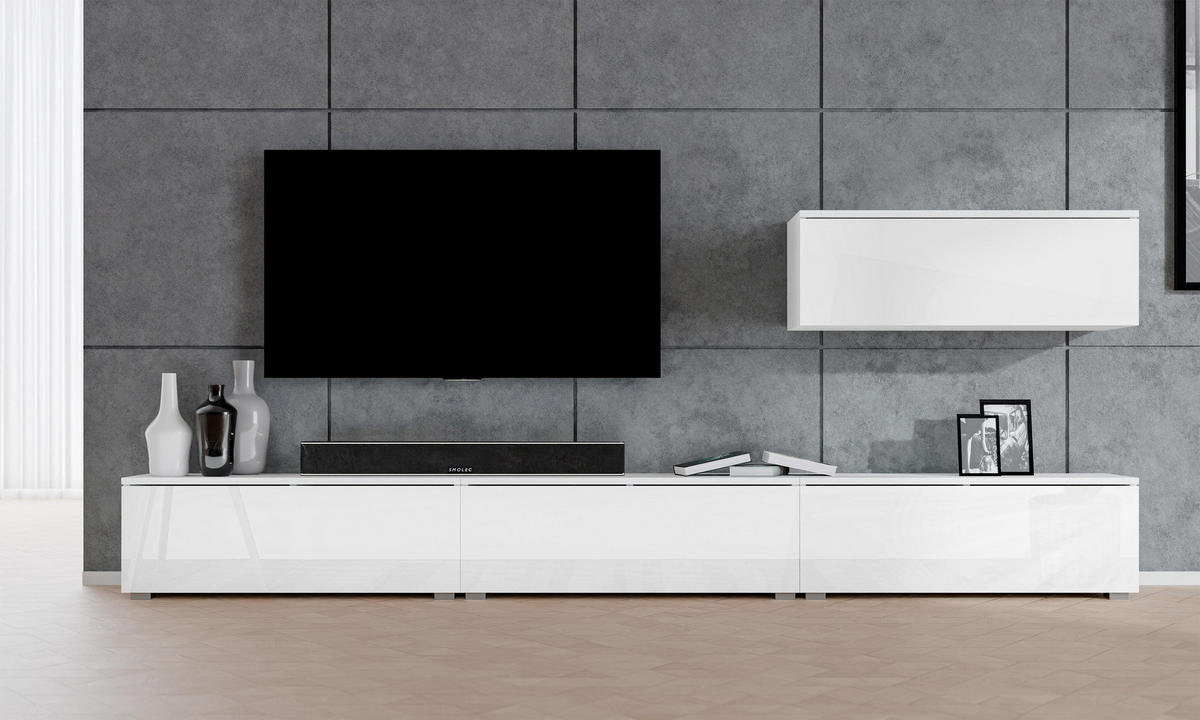 WOHNWAND Loriano IV Weiß Matt Hochglanz 300/70,5/32 cm – Hängend und Stehend - Weiß, Holzwerkstoff/Kunststoff (300/70.5/32cm) - AX Living