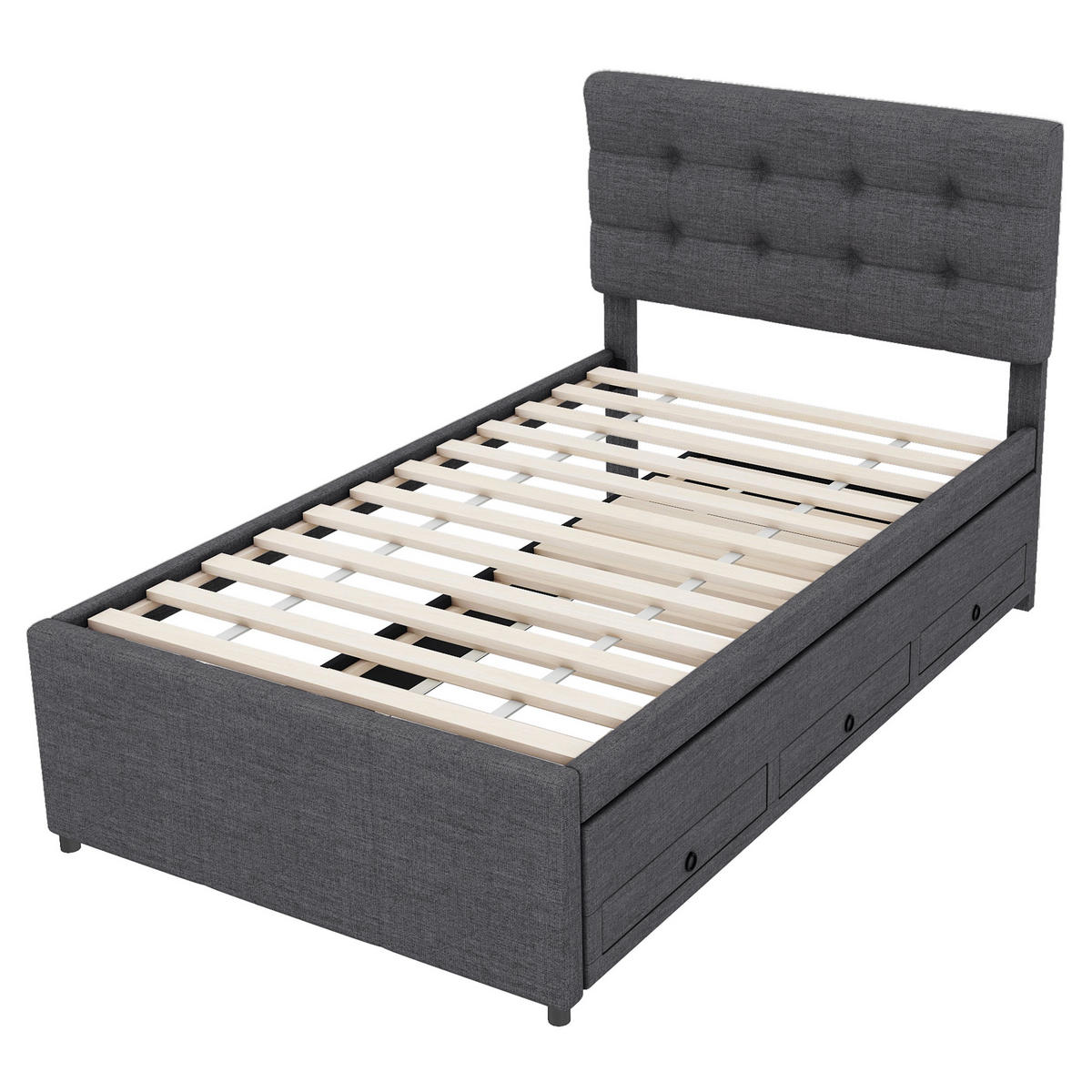 POLSTERBETT 90x200cm Grau Familienbett 3 Schubladen Rollbett Kopfteil - Grau, Holz (90/200cm) - FLIEKS