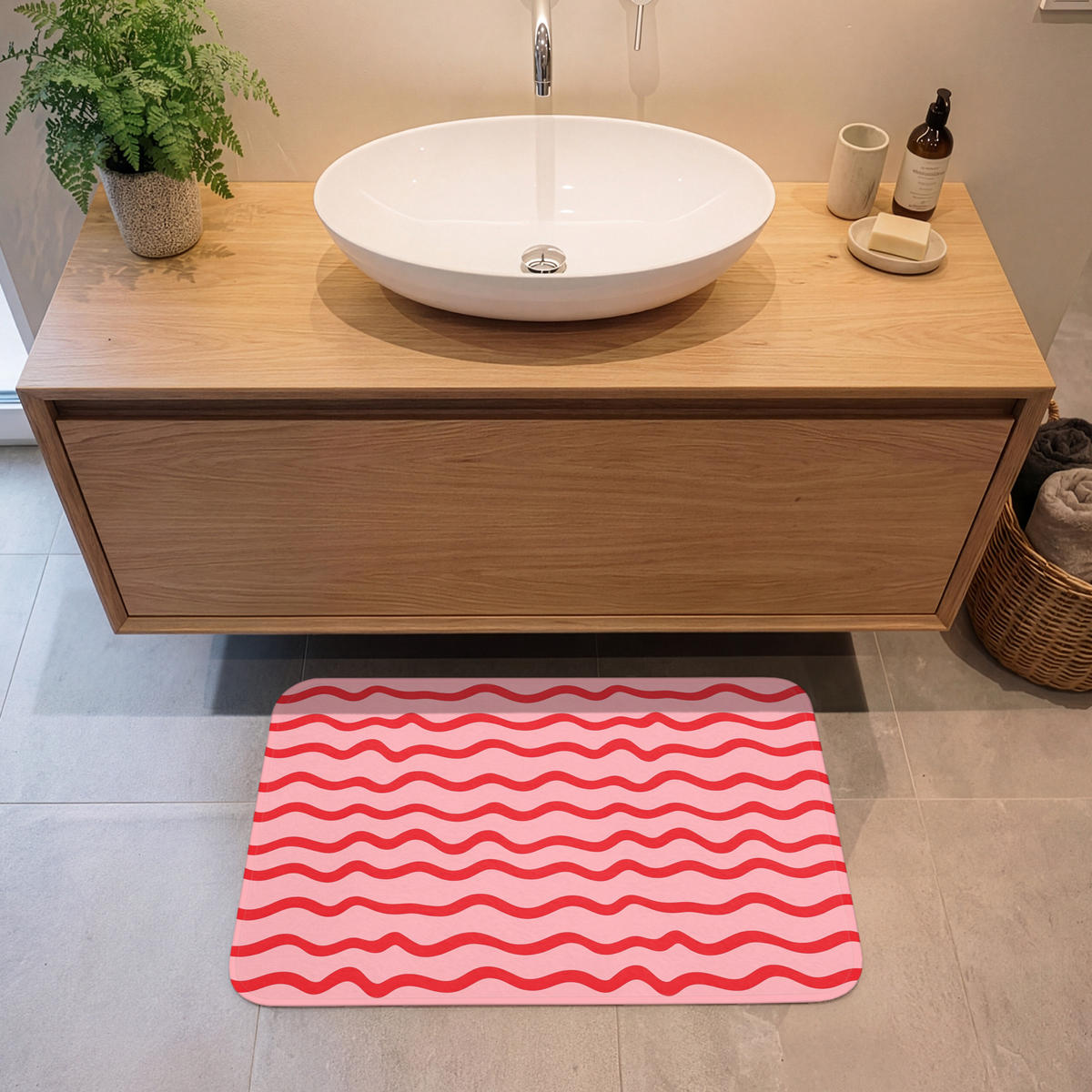KÚPEĽŇOVÁ PREDLOŽKA Hravé - vzor - červená 80x50 cm - ružová, textil/plast (80/50cm) - OnlyWow