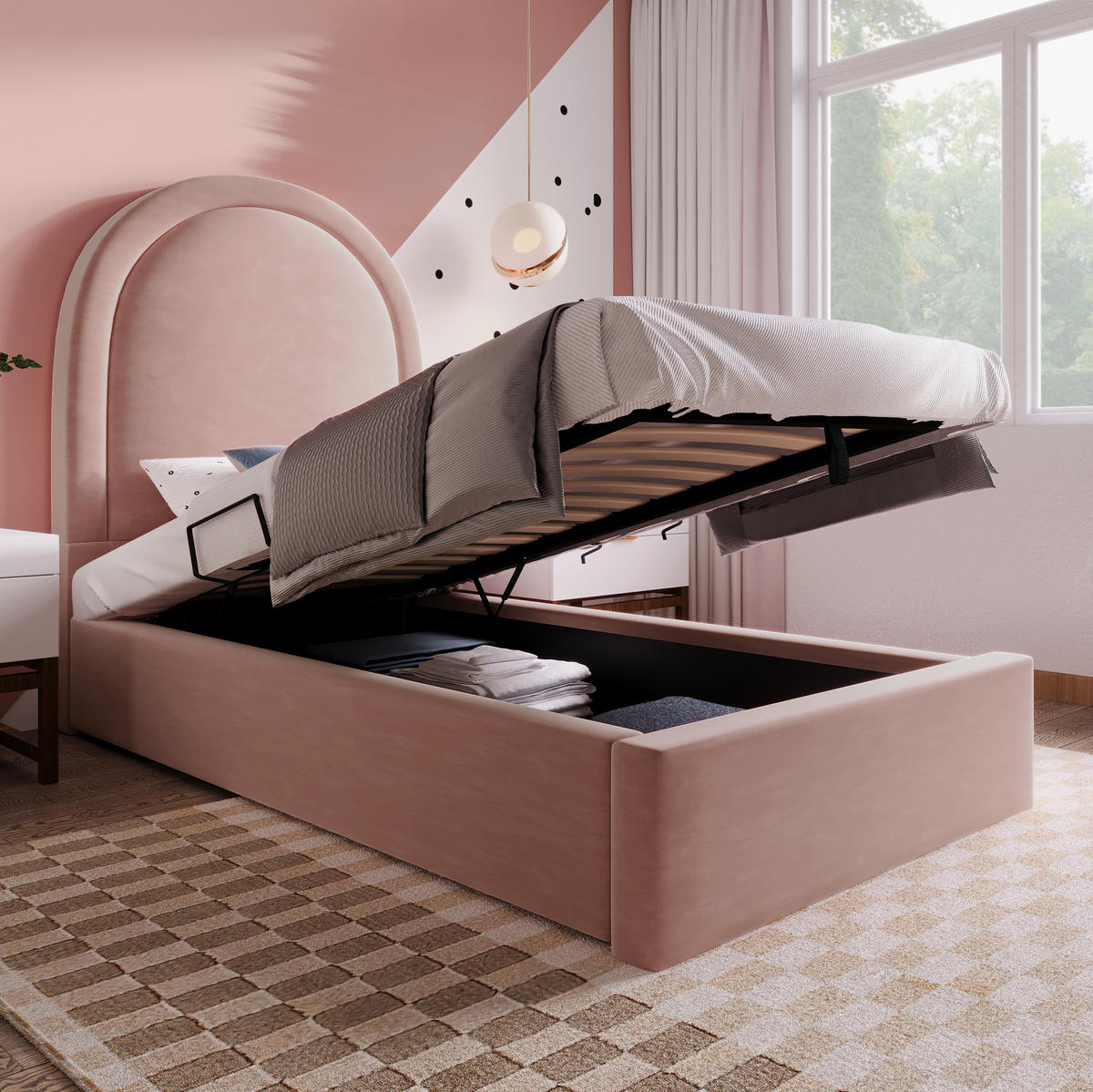 POLSTERBETT 90/200 cm mit hydraulischem Bettkasten und Samtbezug, Rosa - Rosa, Textil (90/90cm) - Redom