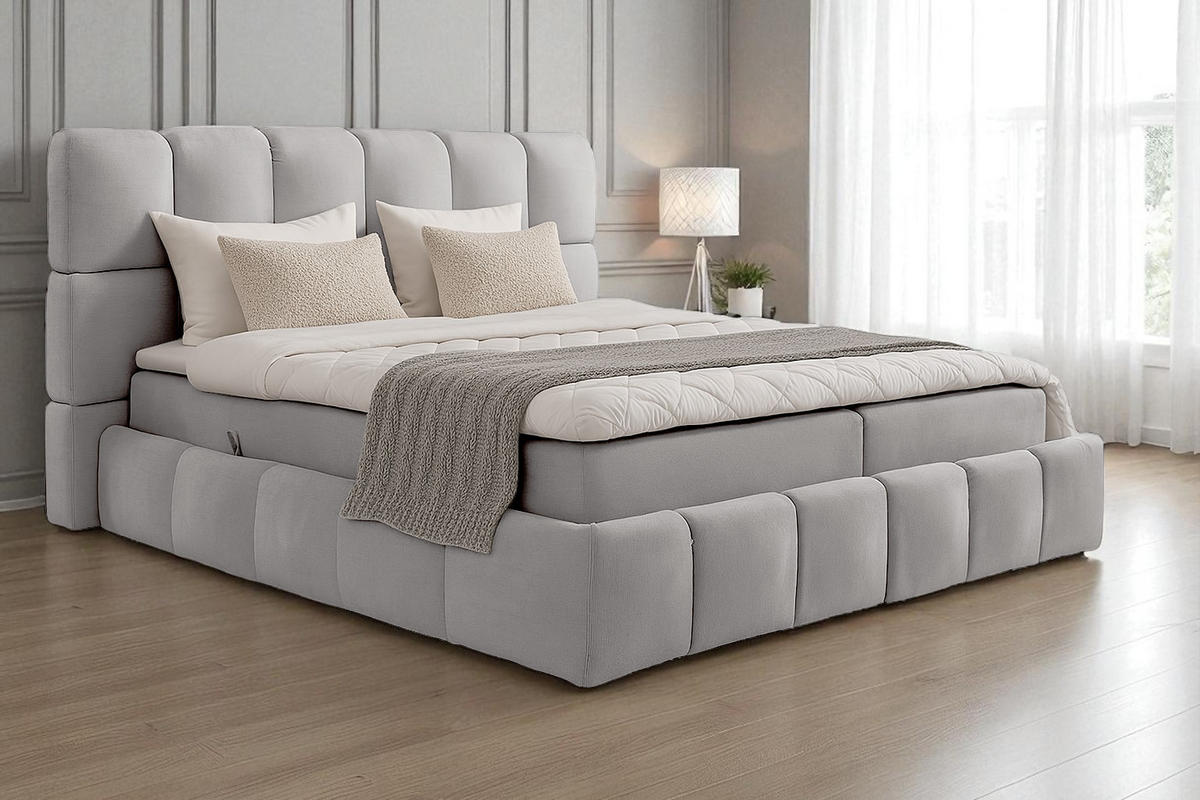BOXSPRINGBETT AURA mit Topper und Bettkasten, Hellgrau, H3 Bonell, 160x200 cm - Hellgrau, Textil (160/200cm) - KS Home Concept