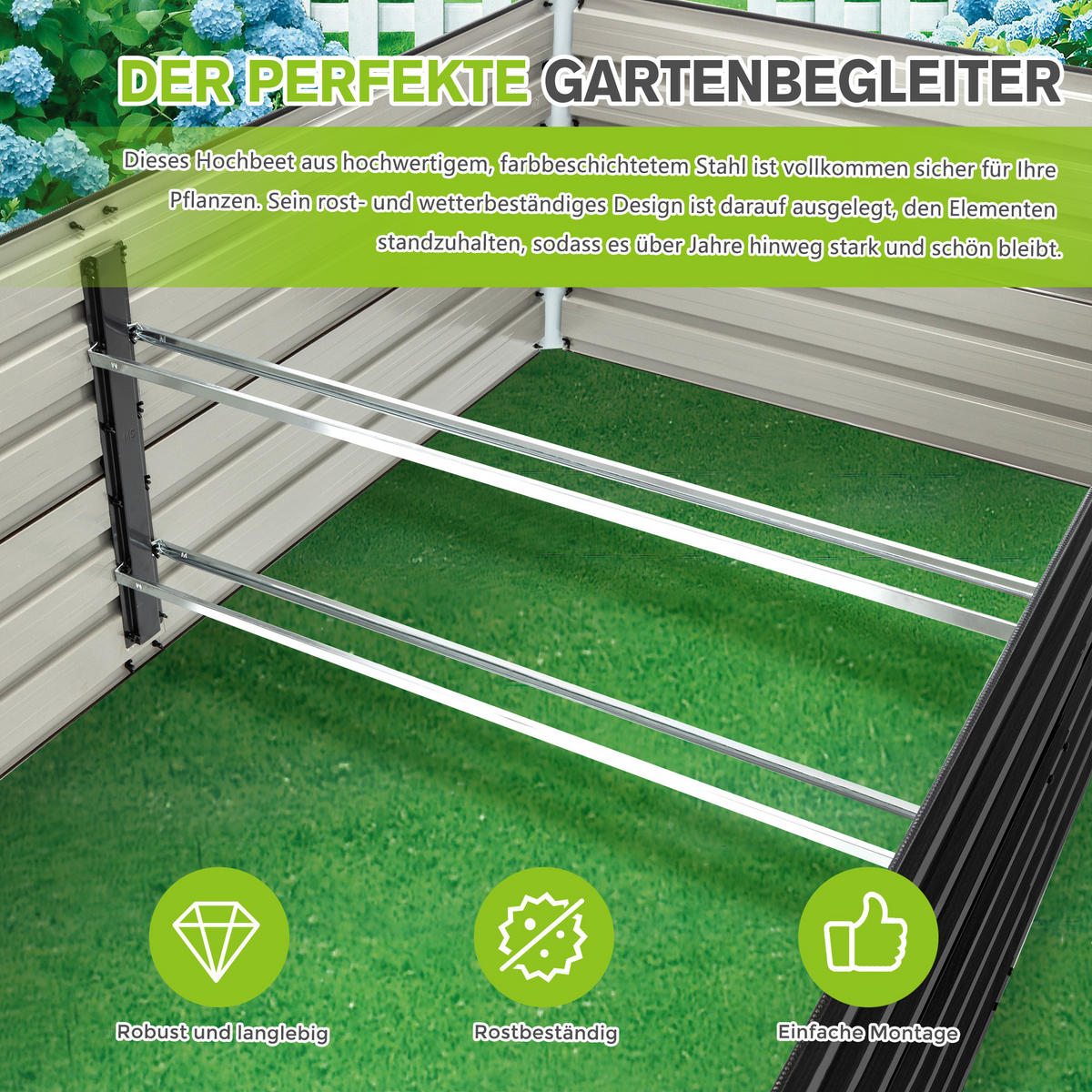 HOCHBEET 219/112/64 cm Schwarz mit Offene Basis - Schwarz, Metall (112/64/219cm) - Oxeza